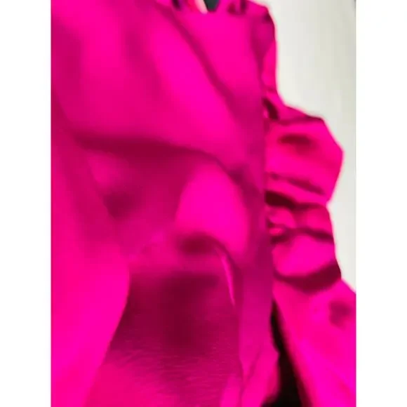 KENSIE SZ 0 xs pink fuschia Ruffle Ruched-Sleeve Faux-Wrap Midi Dress NWT B79 - Picture 4 of 9